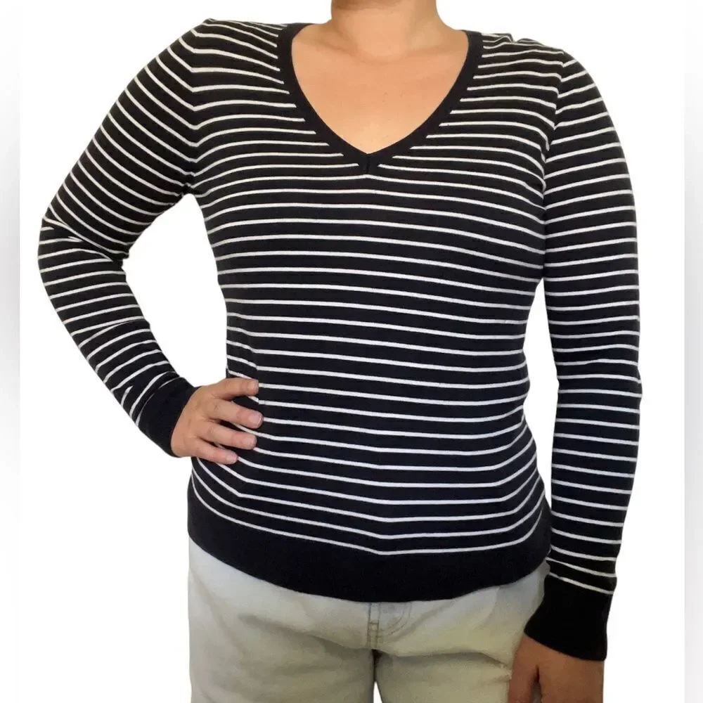 J. Crew Navy striped V neck sweater. size M